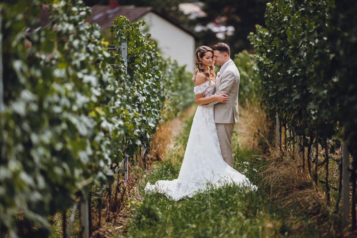 Hochzeitsfotos in den Weinreben bei einer Hochzeit im Weingut von Winning