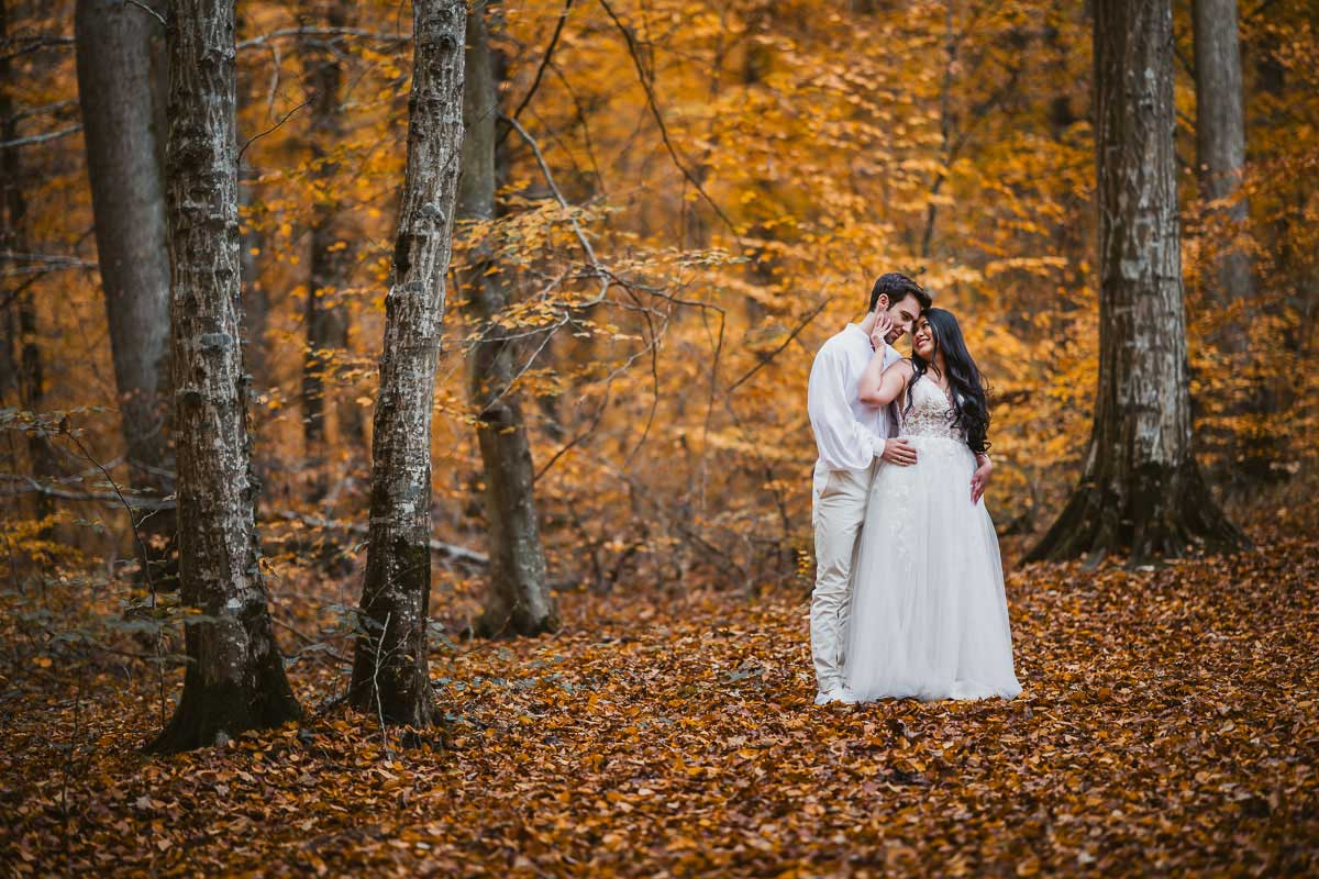 Brautpaarshooting im Wald für eine Hochzeit im Schloss Oberndorf