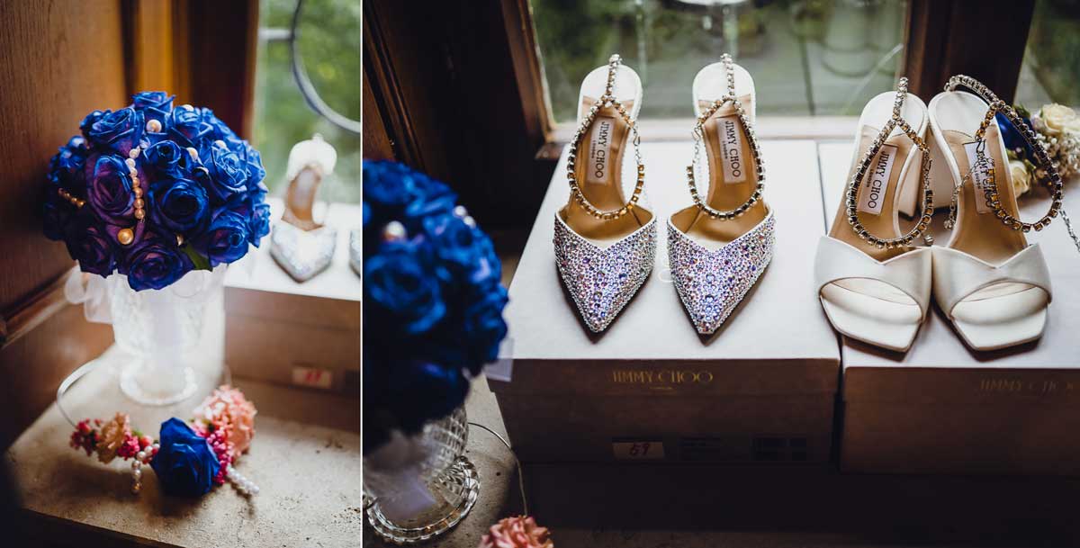 Details Braut Schuhe und Brauztstrauss