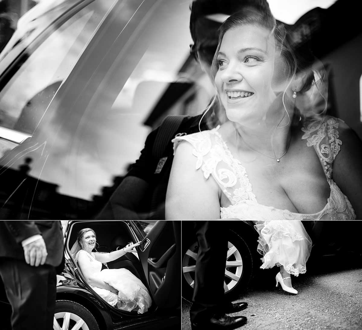 Braut im Auto für eine Trauung im Schloss Biebrich