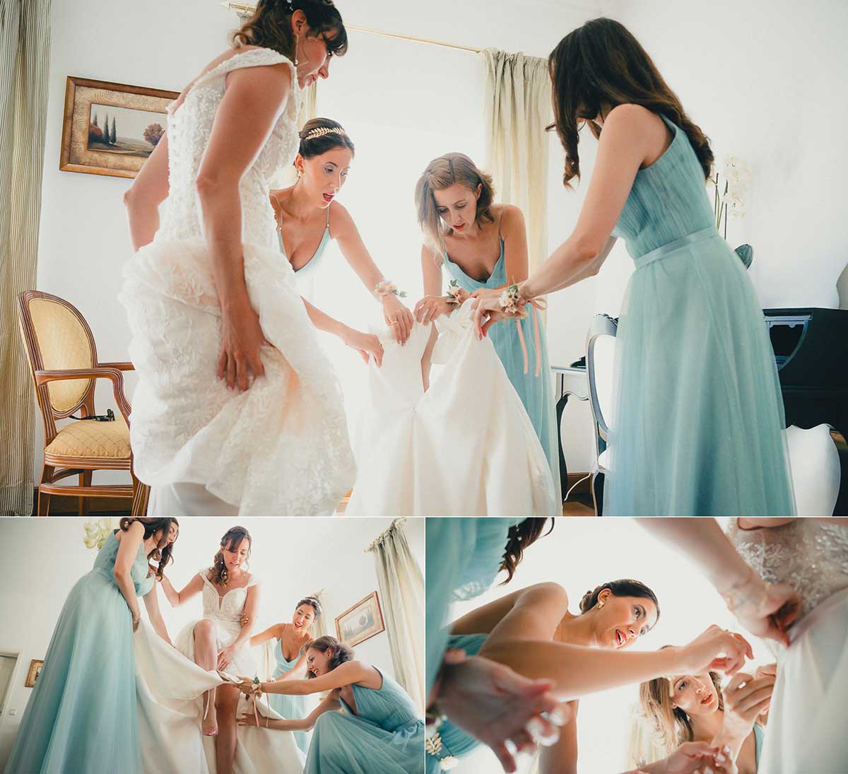 Braut und Brautjungfern beim Ankleiden im Schloss Michelfeld in Angelbachtal